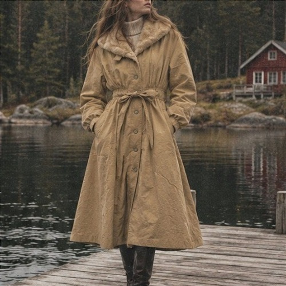 Vintage 1960s Trench Coat Faux Fur Lined Tan Canvas Belted Long Jacket Academia